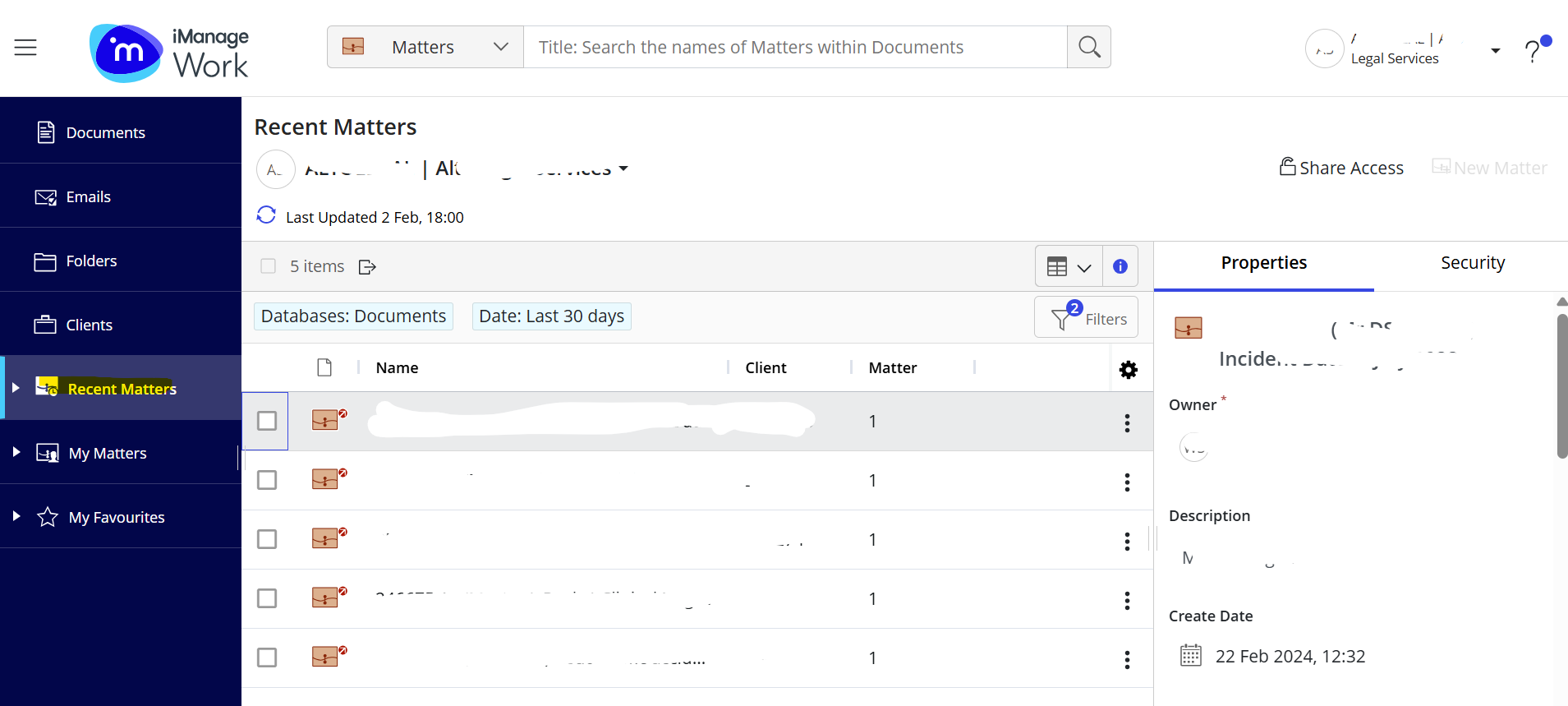 Recent matters view showing recent documents