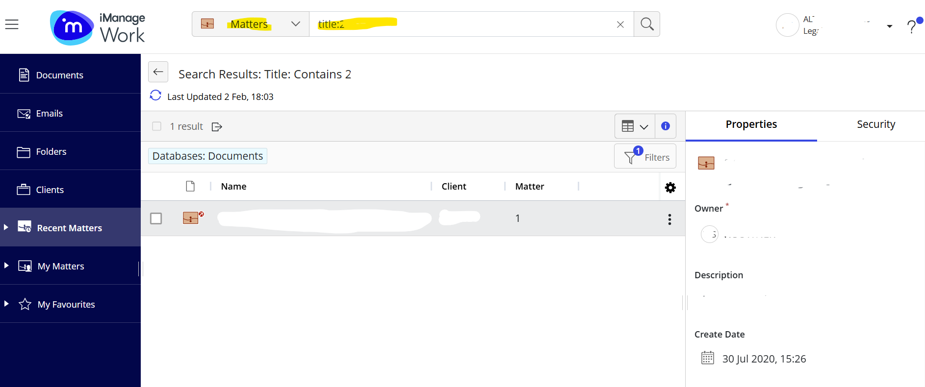 Search in Matters by matter number